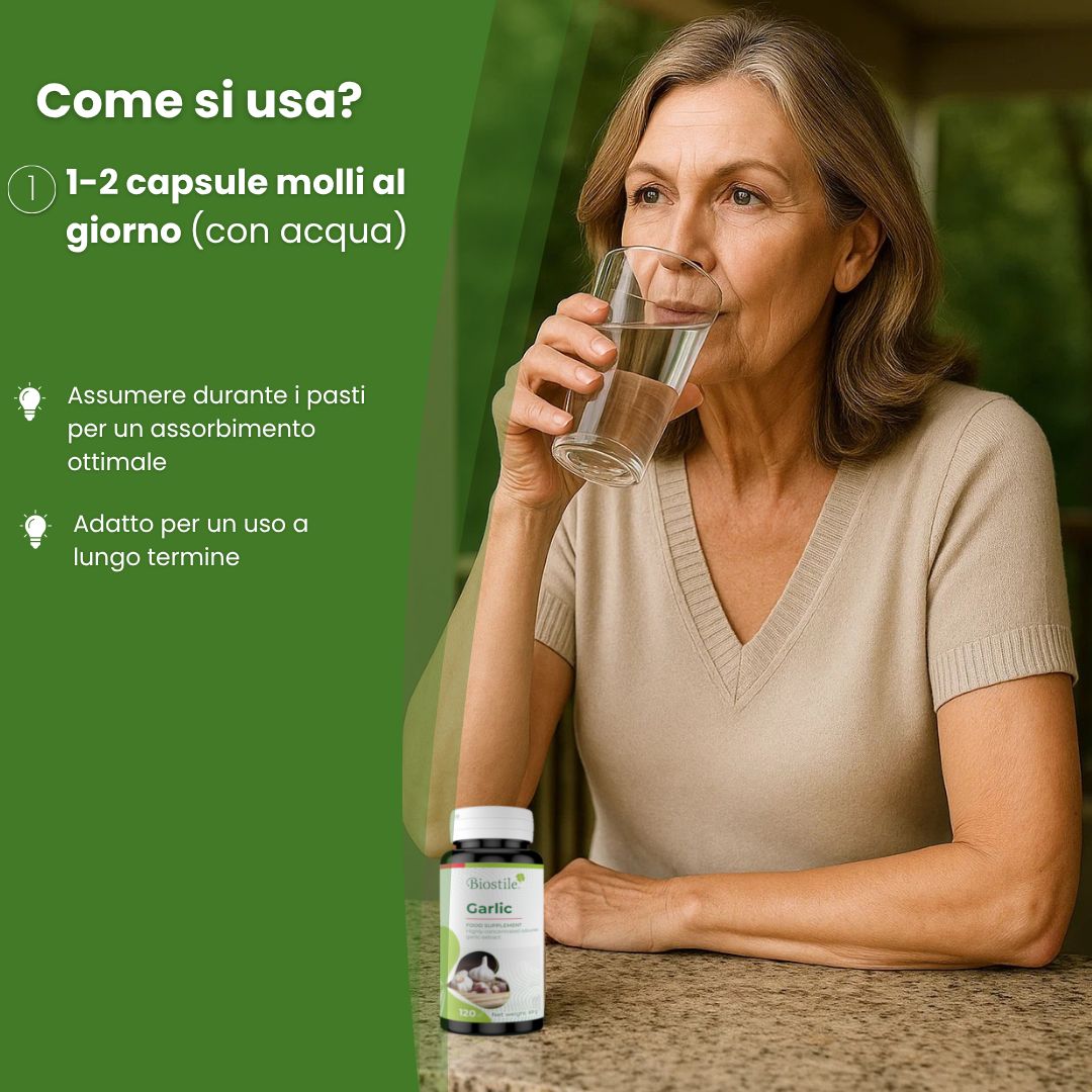 Donna beve acqua. Accanto a lei, un flacone di Biostile Garlic. Testo: Come si usa? 1-2 capsule al giorno.