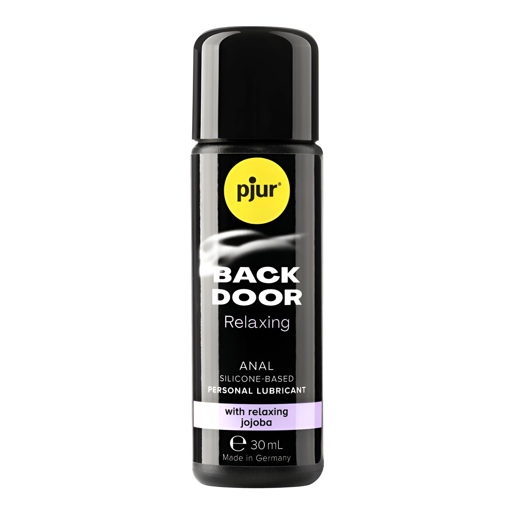 Flacone nero con tappo nero. Scritta: pjur, BACK DOOR, Relaxing, Anal Lubricant. Contiene 30ml. Prodotto in Germania.