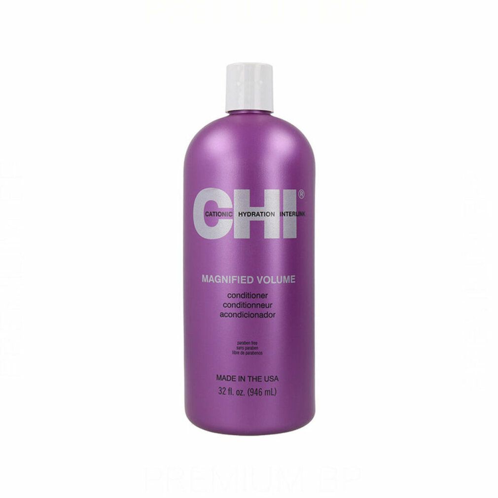 Flacone viola con tappo bianco. Scritta CHI, Magnified Volume Conditioner. 946 ml.