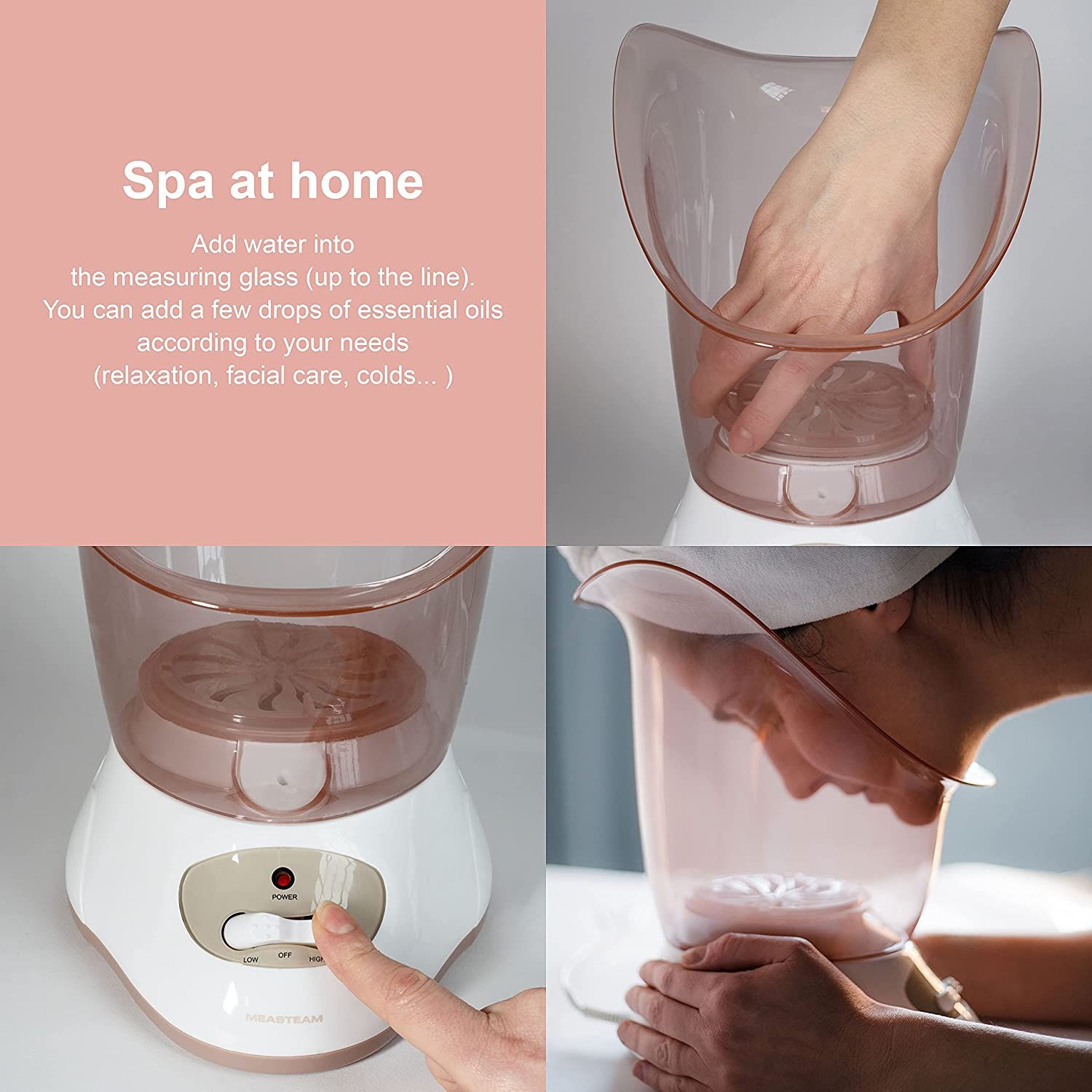 Istruzioni per l'uso della sauna facciale. Aggiungere acqua, oli essenziali, accendere il dispositivo.