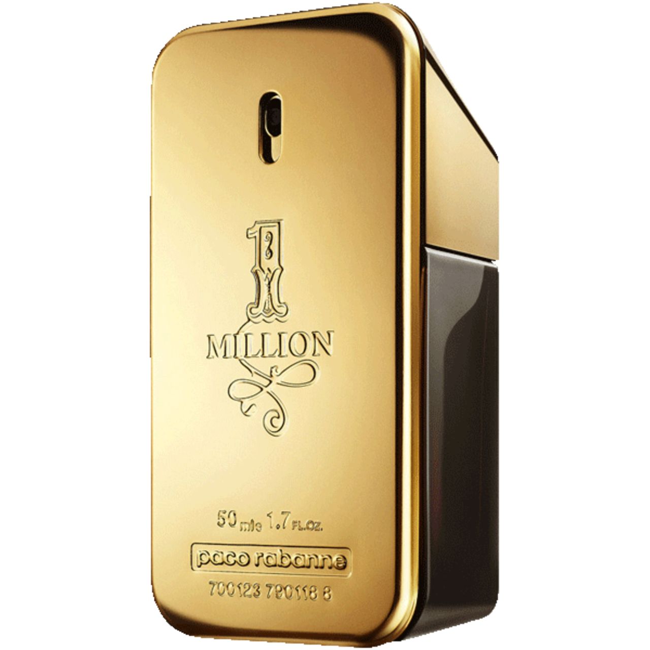 Flacone dorato "1 Million" con parte nera. Forma rettangolare, colore oro, testo sul flacone.