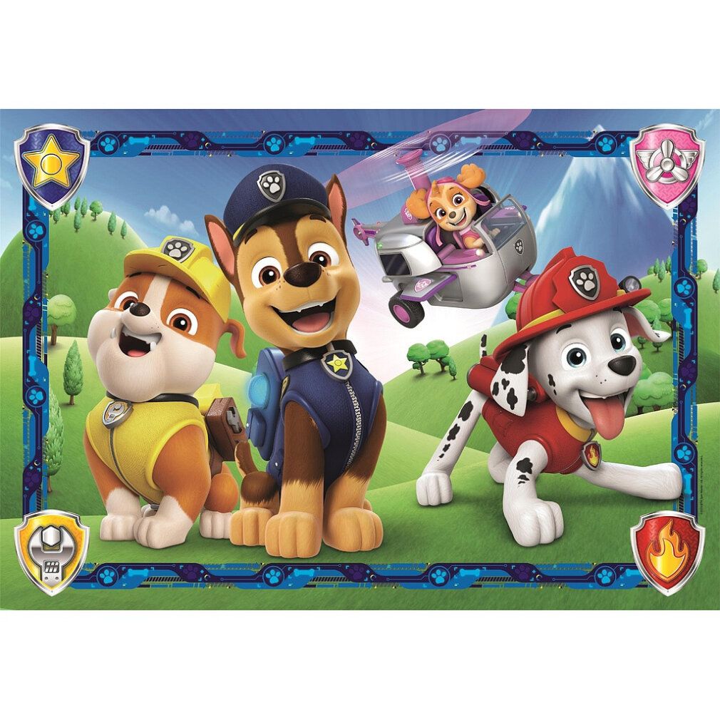 Puzzle con tema Paw Patrol. Quattro personaggi canini in uniforme, circondati da una cornice blu con simboli.