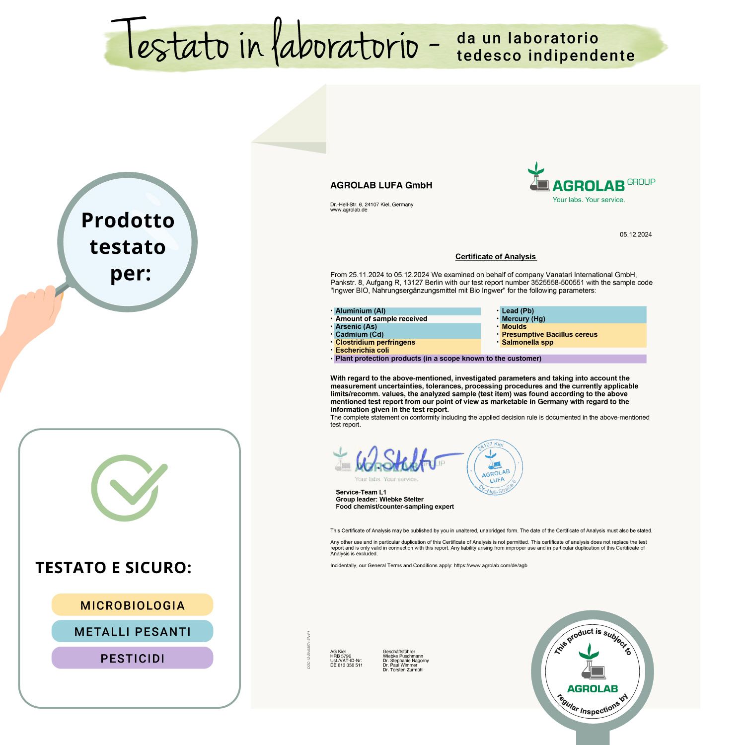 Certificato di AGROLAB LUFA GmbH. Testato per: microbiologia, metalli pesanti, pesticidi. Logo: qualità controllata.