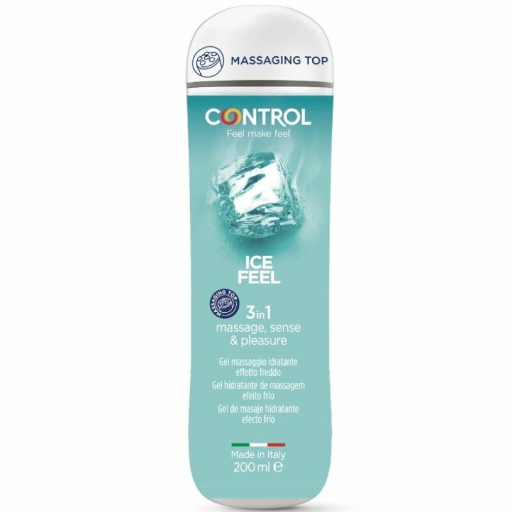 Flacone turchese con tappo bianco. Scritta: CONTROL, ICE FEEL, 3in1. Gel per massaggio, senso e piacere. Prodotto in Italia.