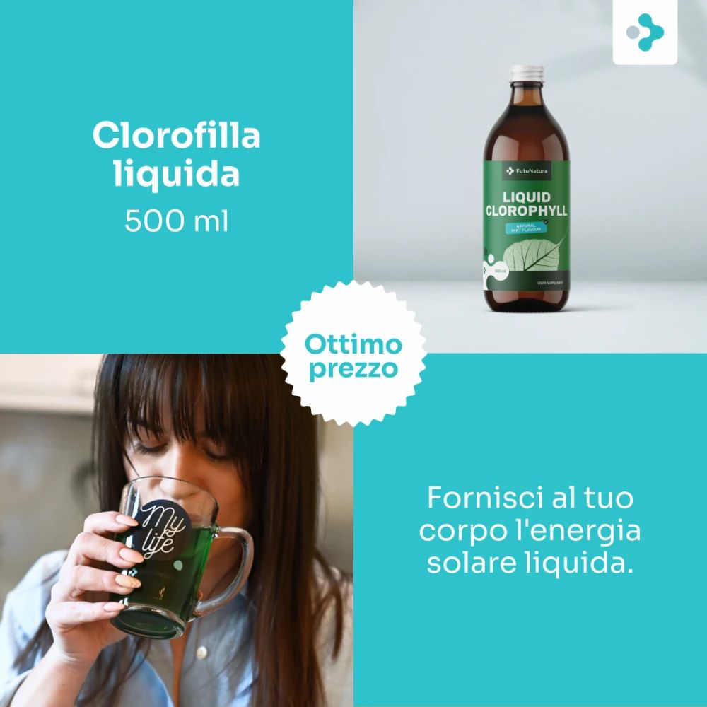 Bottiglia di Clorofilla Liquida 500 ml accanto a donna con asciugamano, testo "Aiuto nelle diete e nella cura della pelle".