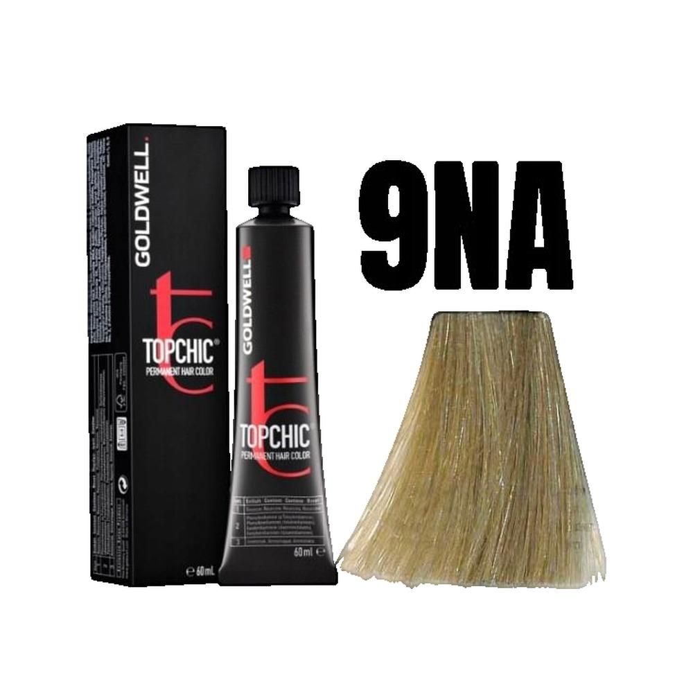 Colorazione per capelli Goldwell Topchic. Tubo e scatola neri. Nome del prodotto e numero colore 9NA stampati. Ciocca di capelli biondi.