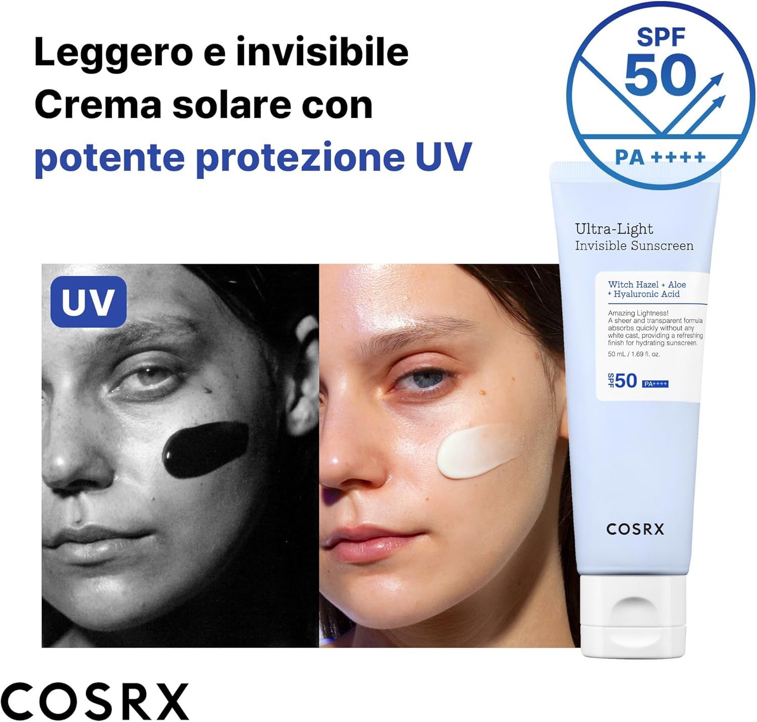 Donna con prodotto e testo. Crema solare con forte protezione UV. Confronto: esposizione UV. Prodotto: tubo, SPF 50, COSRX.