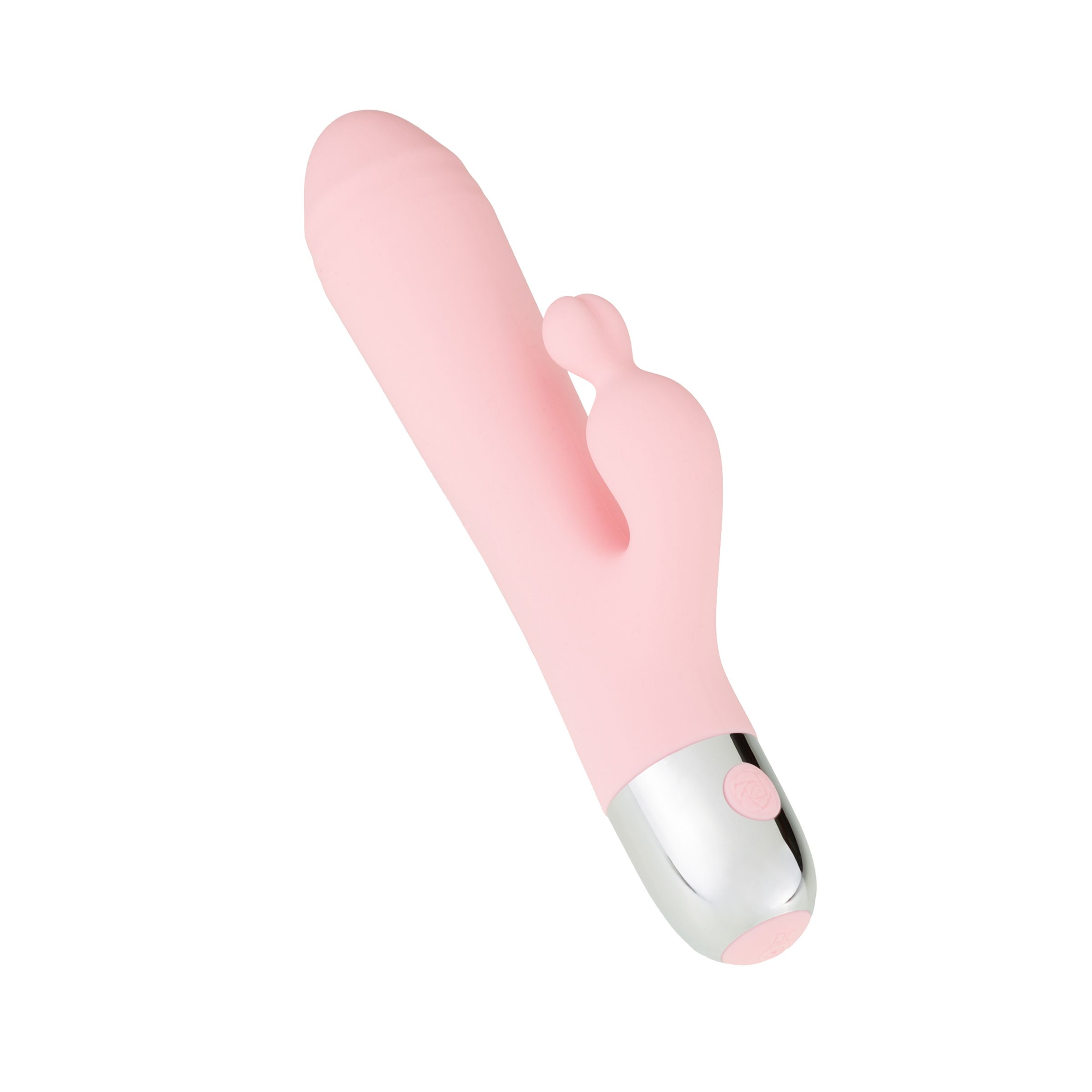 Vibratore rosa con testa arrotondata ed elemento aggiuntivo. Base argentata con bottone.