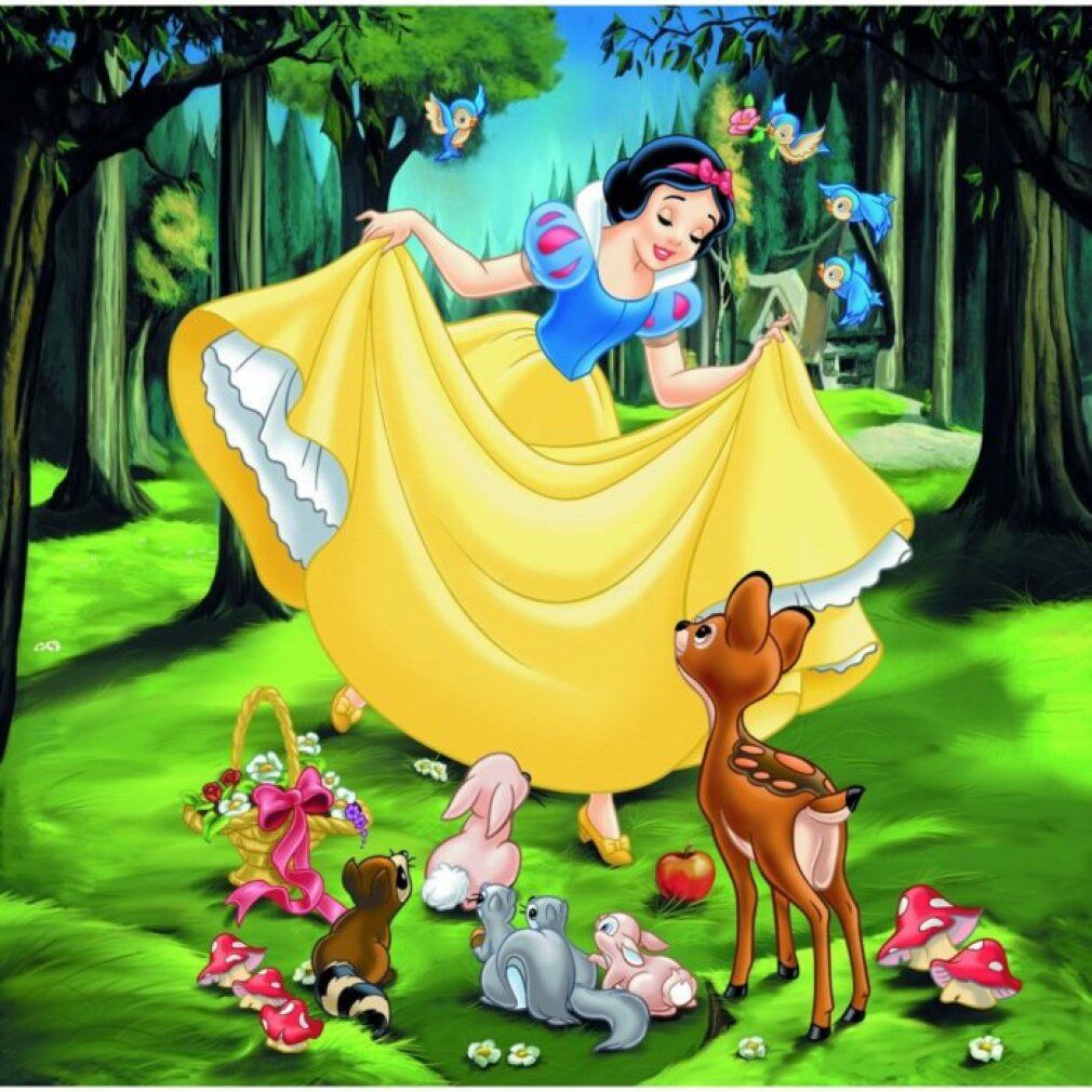 Illustrazione di Biancaneve in abito giallo, circondata da animali e foresta. Disney Principesse.