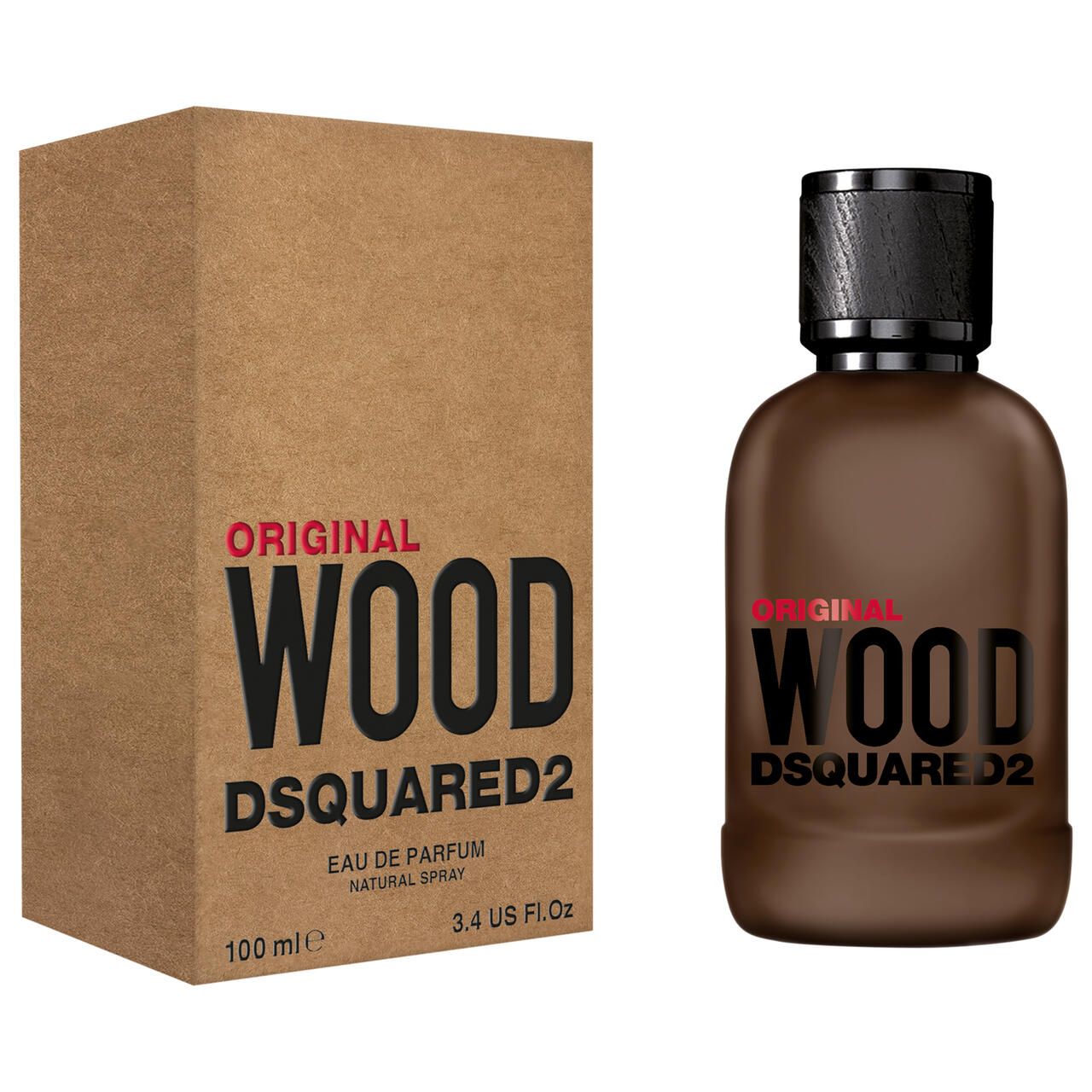 Flacone marrone e confezione. Scritta: Original Wood Dsquared2. Testo sulla confezione.
