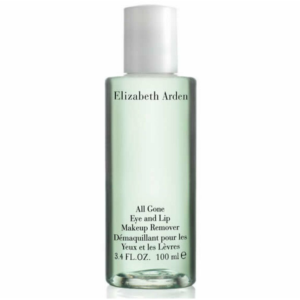 Liquido verde in flacone con tappo bianco. Scritte: Elizabeth Arden, All Gone Eye and Lip Makeup Remover. 100 ml.