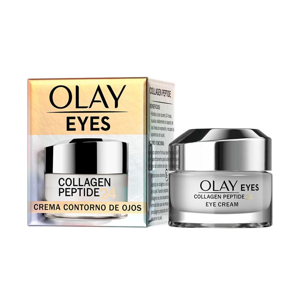 Confezione e vaso di crema. Scritta: Olay Eyes Collagen Peptide, Creme Contorno de Ojos.