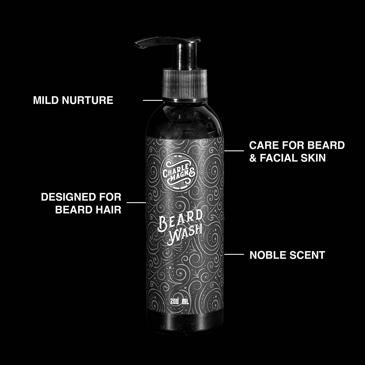 Flacone di lavaggio per barba con erogatore e testo.