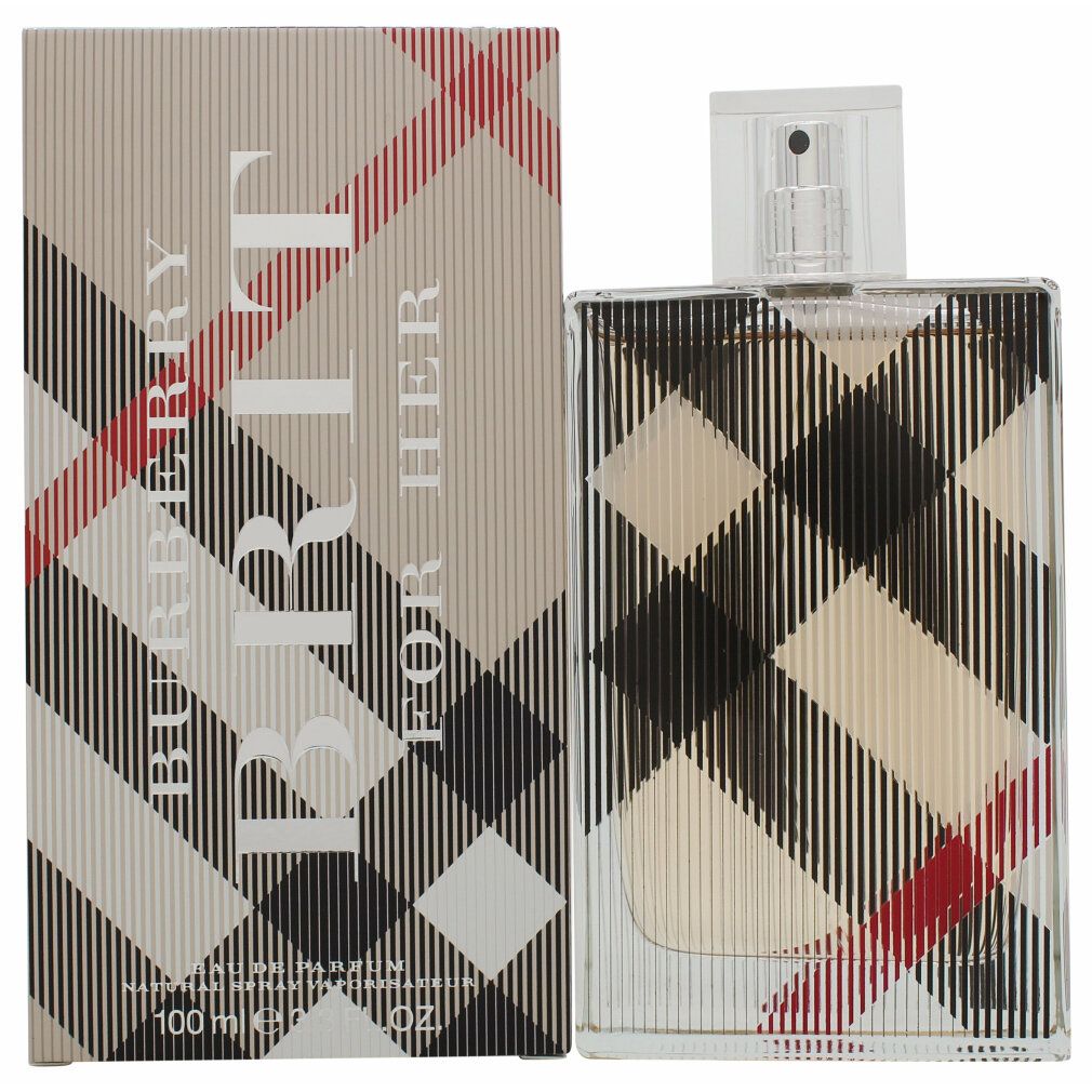 Flacone di profumo e confezione. Forma rettangolare con motivo a quadri. Scritta Burberry Brit for Her.