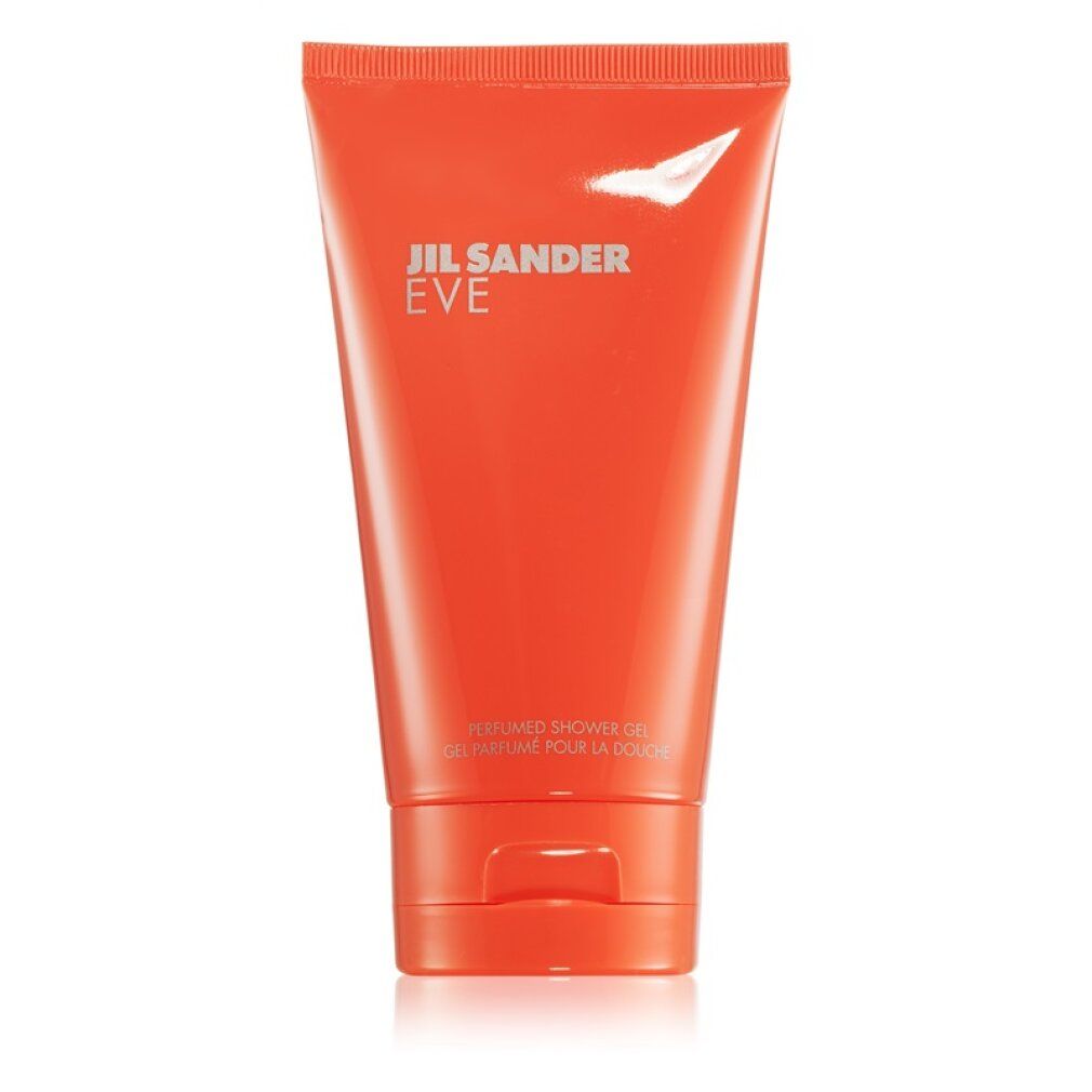 Tubo arancione con scritta argentata JIL SANDER EVE. Sotto: PERFUMED SHOWER GEL, GEL PARFUMÉ POUR LA DOUCHE.