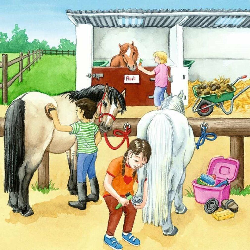 Illustrazione: bambini che puliscono i cavalli. Stalla, fieno, accessori. Colori: marrone, bianco, verde. Scene al maneggio.