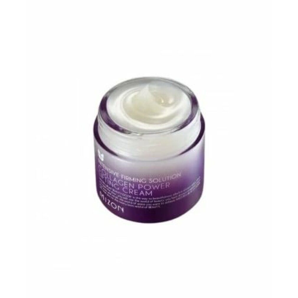 Vaso di crema. Scritta: Collagen Power Lifting Creme, Mizon. Bordo viola.