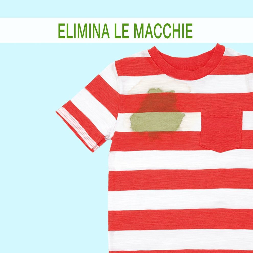 Maglietta a righe rosse e bianche con macchia. Testo: ELIMINA LE MACCHIE.