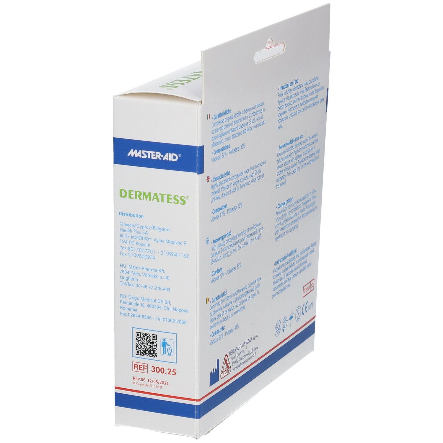 Lato della confezione di Dermatess® Garza in Tessuto 10x10cm. Informazioni sul produttore e codice QR.