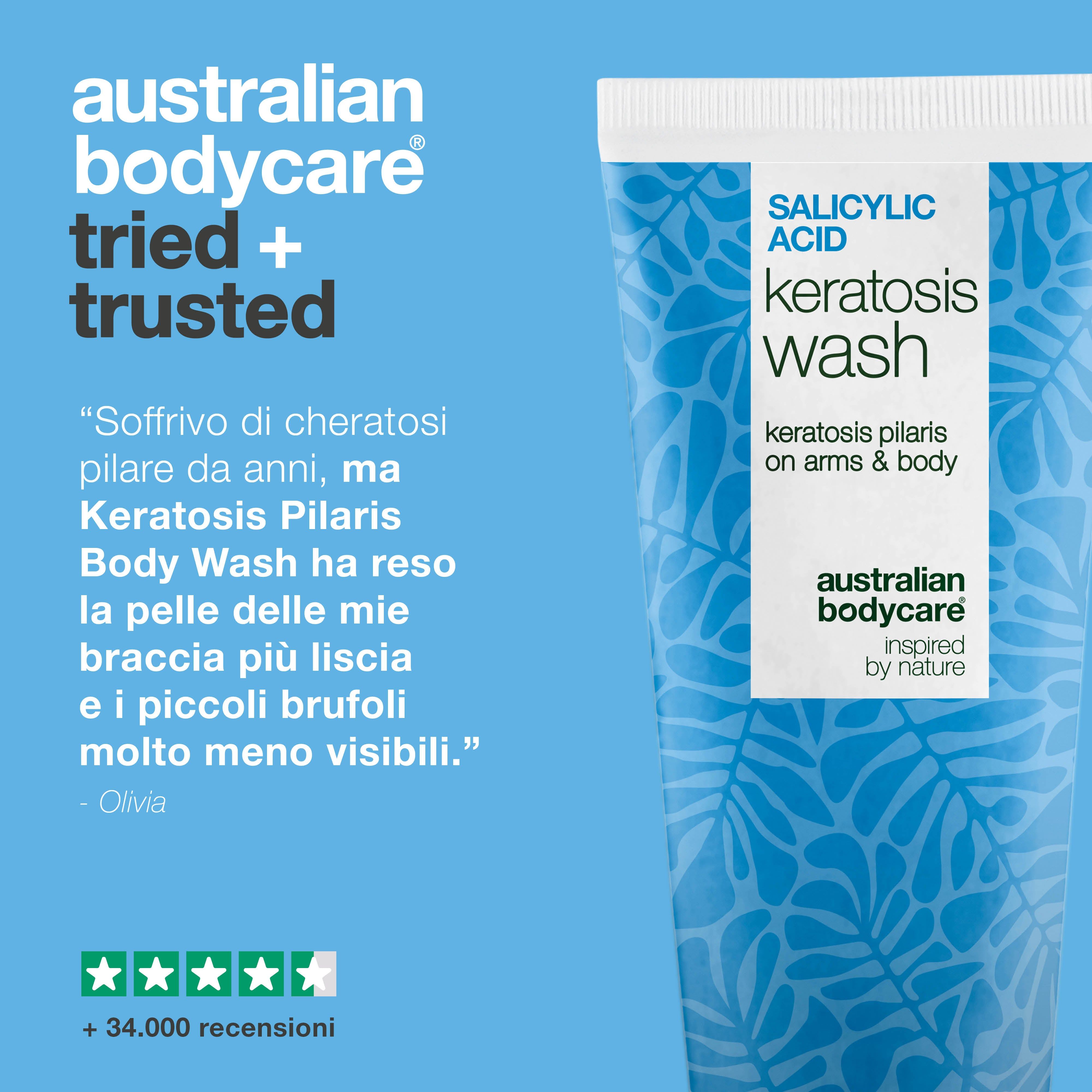 Tubo con testo: Salicylic Acid Keratosis Wash. Marchio: Australian Bodycare. Citazione: Olivia. Valutazione 5 stelle.