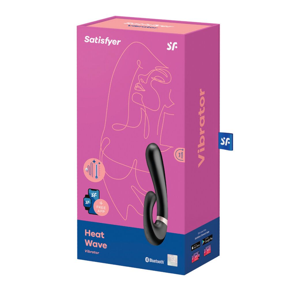 Vibratore nero con confezione. Confezione con immagine del prodotto, scritta "Satisfyer", "Heat Wave" e logo app.