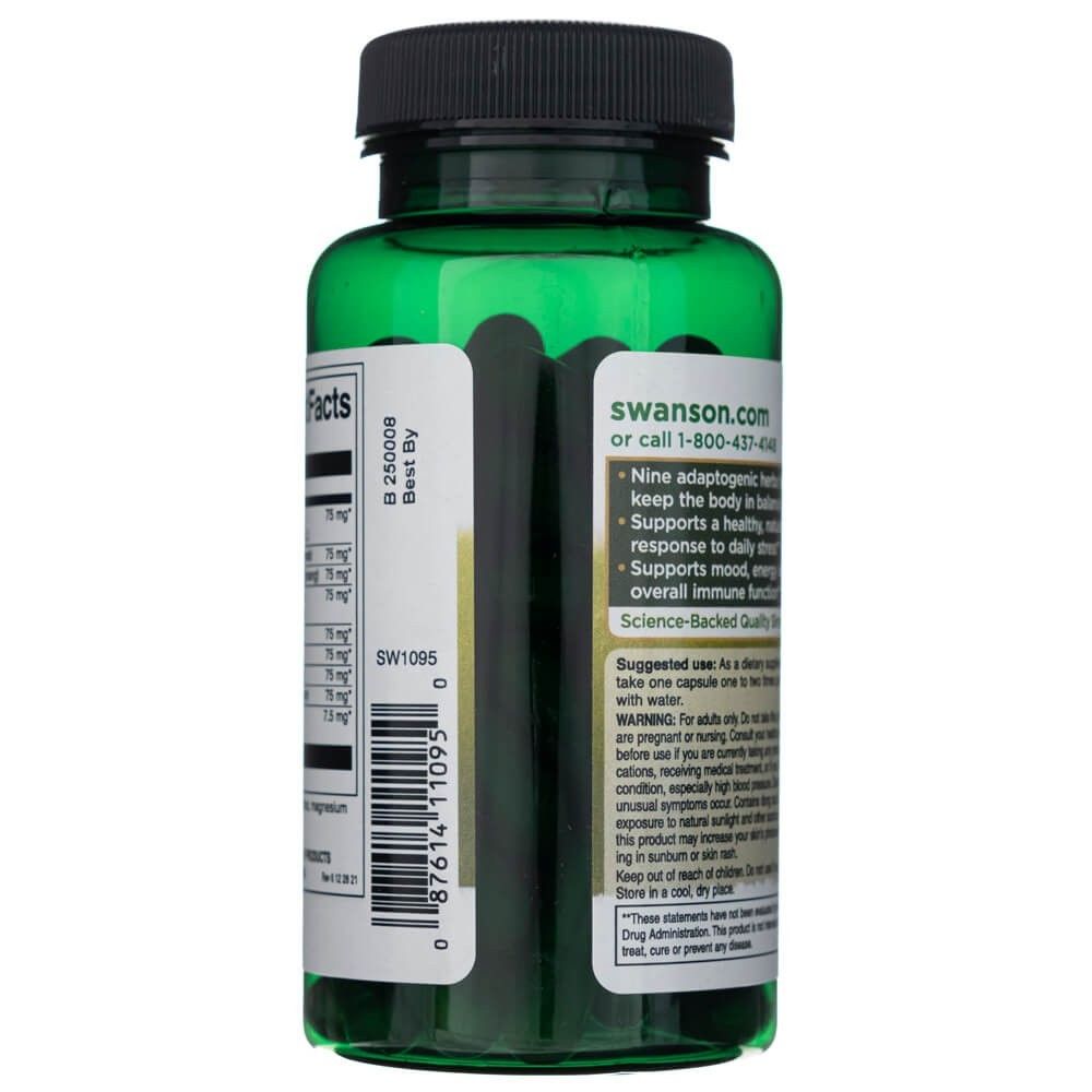 Flacone di capsule verdi con tappo nero. Etichette con informazioni nutrizionali e istruzioni per l'uso.