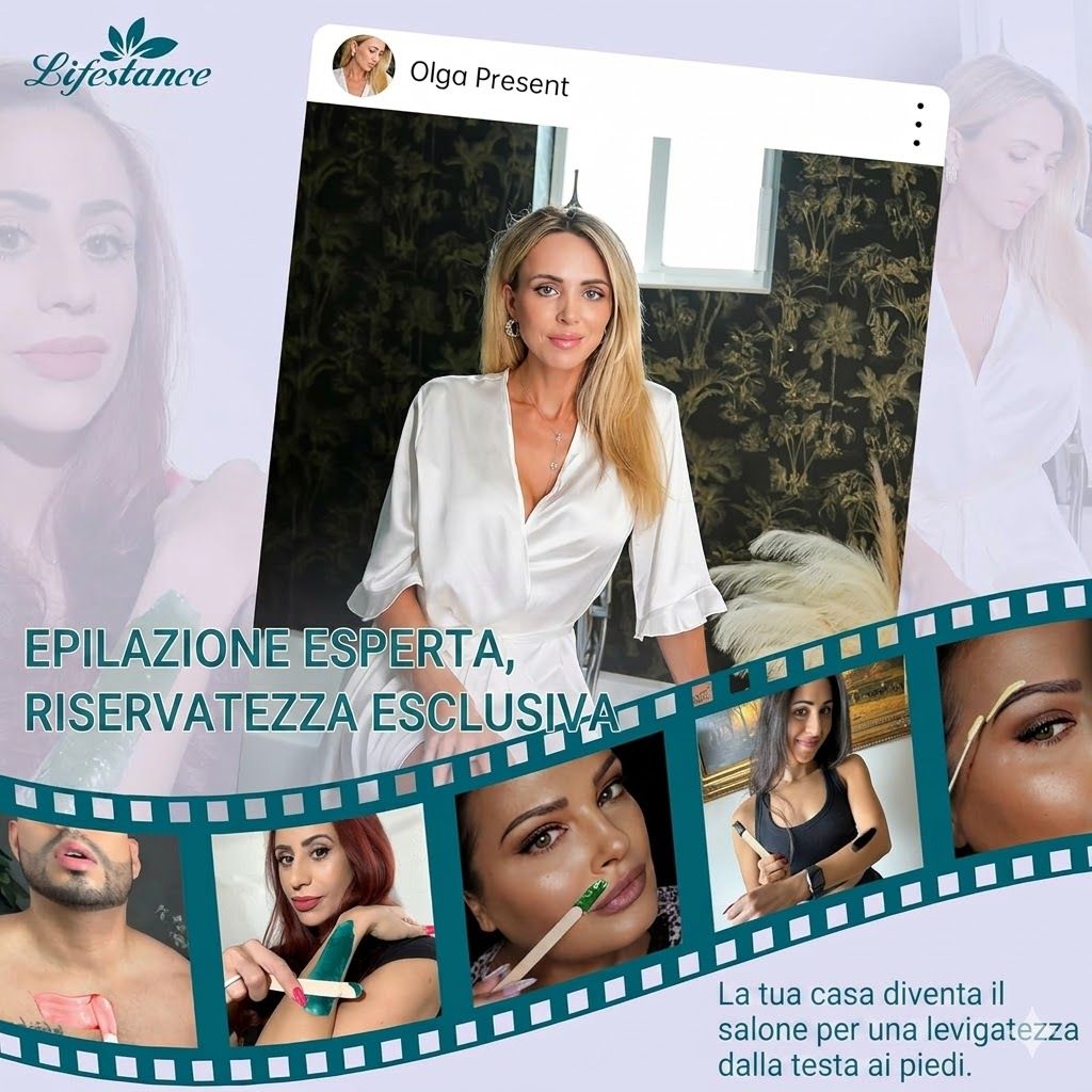 Donna in accappatoio bianco. Testo: Esperienza nell'epilazione, privacy esclusiva. Immagini di epilazione.
