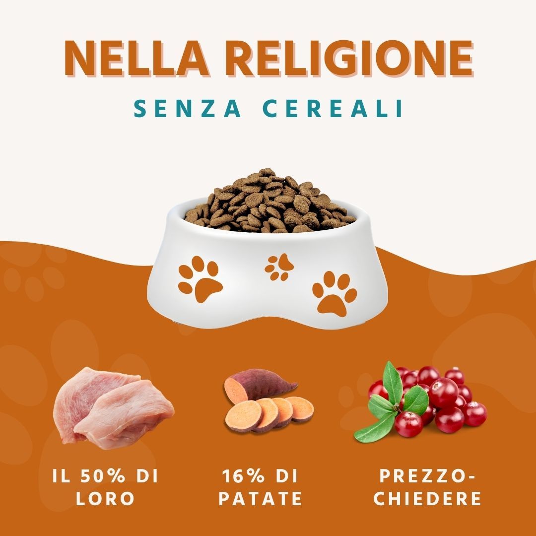 Cibo per cani in una ciotola con impronte di zampe. Ingredienti: tacchino, patate dolci, mirtilli rossi. Testo: Senza cereali.