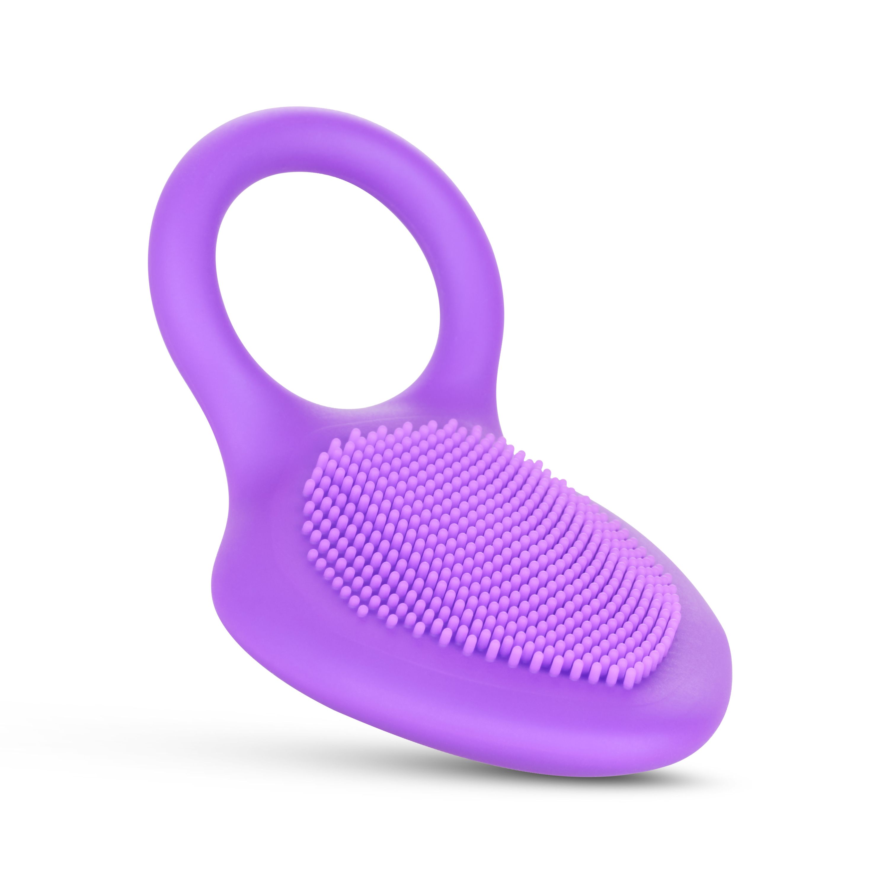 Vibratore viola con impugnatura ad anello e superficie strutturata.