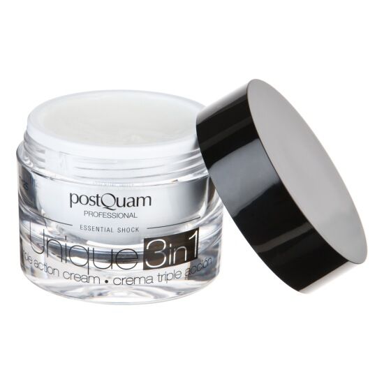 Vasetto di crema con coperchio nero. Scritta: Postquam Professional, Unique 3in1. Crema tripla azione. Coperchio aperto.