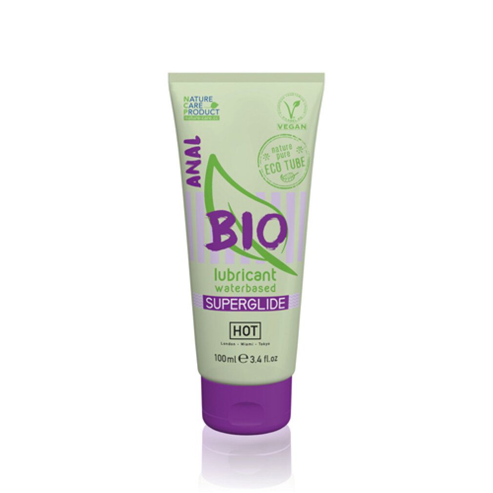 Tubo di lubrificante ANAL BIO. Design verde e bianco, tappo viola. Vegan, Eco Tube. Testo: SUPERGLIDE HOT, 100ml.