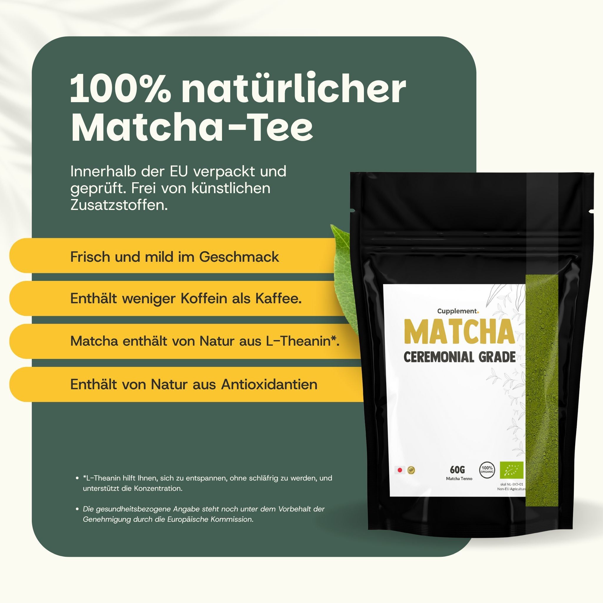 Sacchetto nero con polvere di matcha, qualità cerimoniale, 60g. A sinistra, testo su ingredienti naturali e gusto.