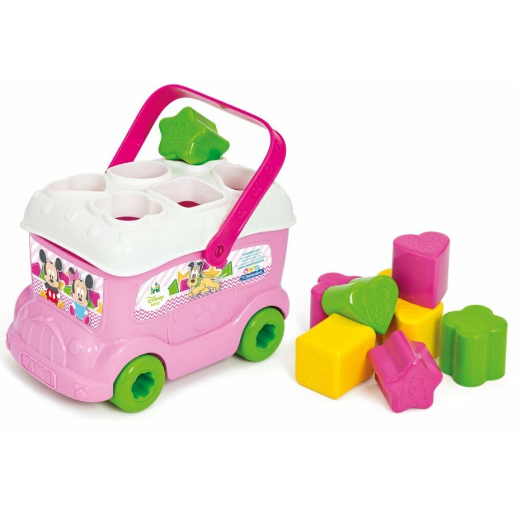 Autobus giocattolo rosa con maniglia e forme. Forme: cuore, stella, quadrato, cerchio. Scritta: Minnie Mouse. Ruote verdi. Forme accanto.