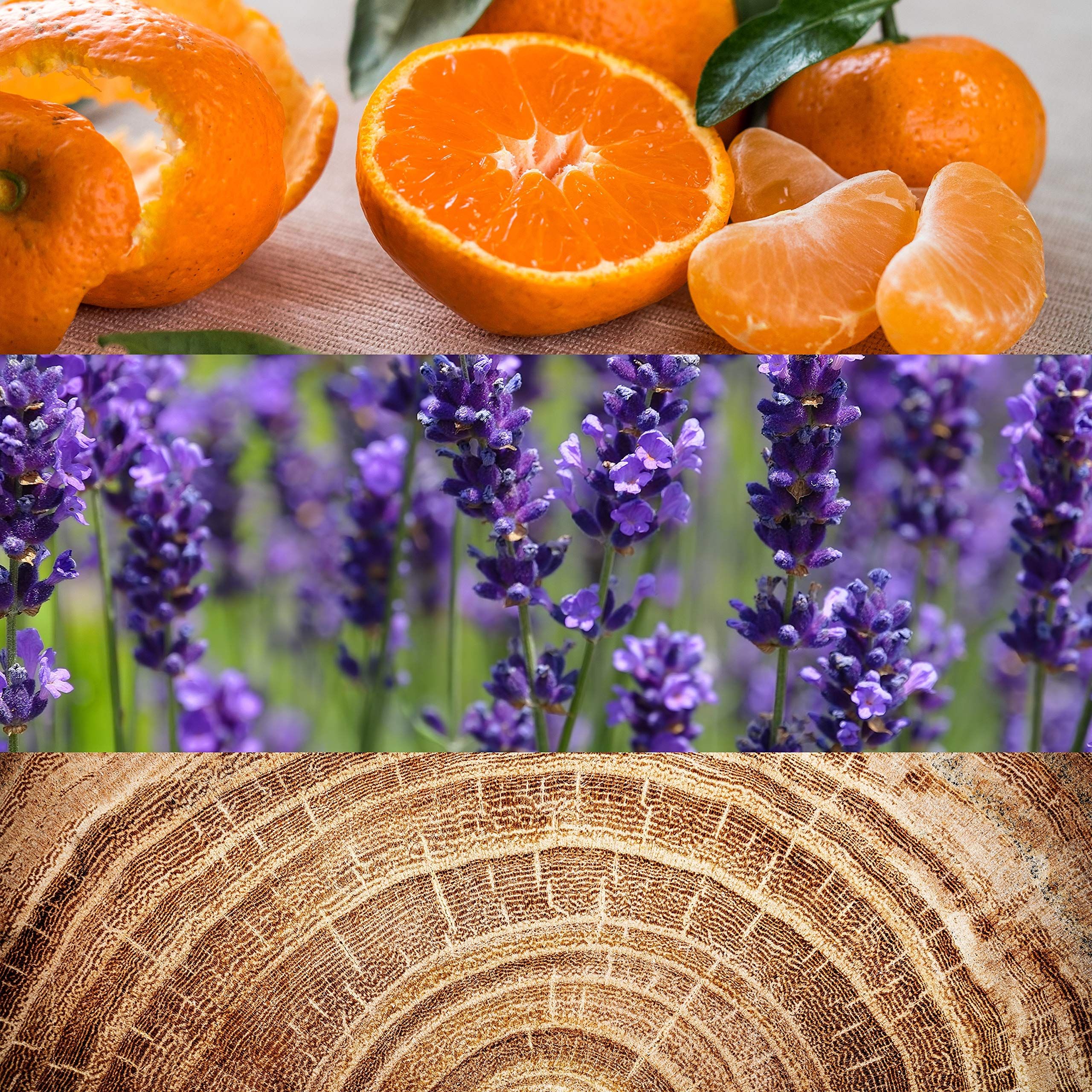 Tre immagini orizzontali. Sopra: arance. Centro: lavanda. Sotto: venatura del legno.