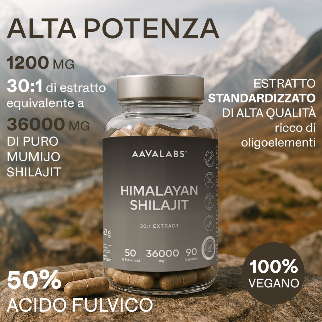 Flacone di capsule. Testo: Himalaya Shilajit, estratto 30:1, 50% acido fulvico, 100% vegano.