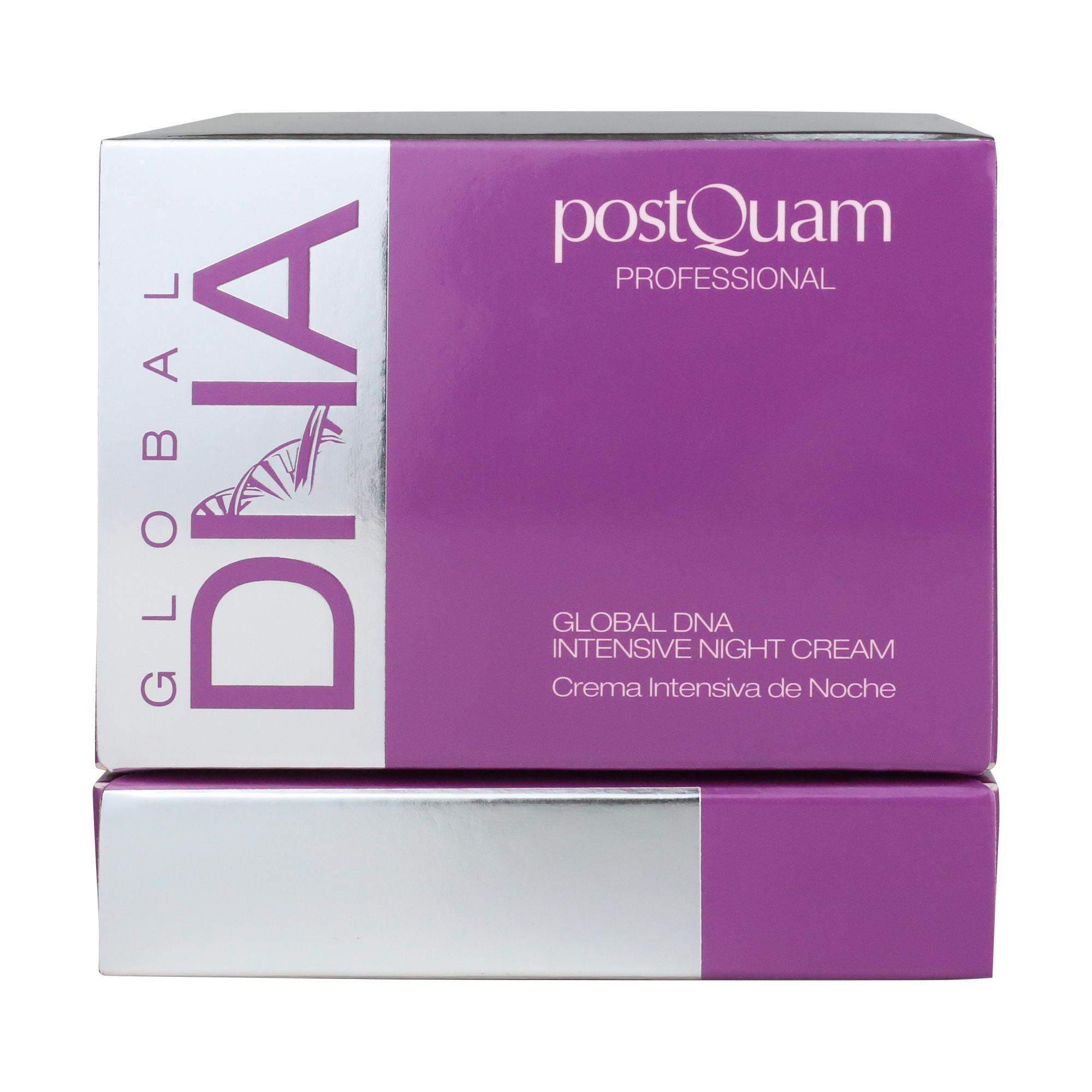 Confezione con scritta: Postquam Global DNA Intensive Night Cream. Scatola viola e argento con informazioni sul prodotto.