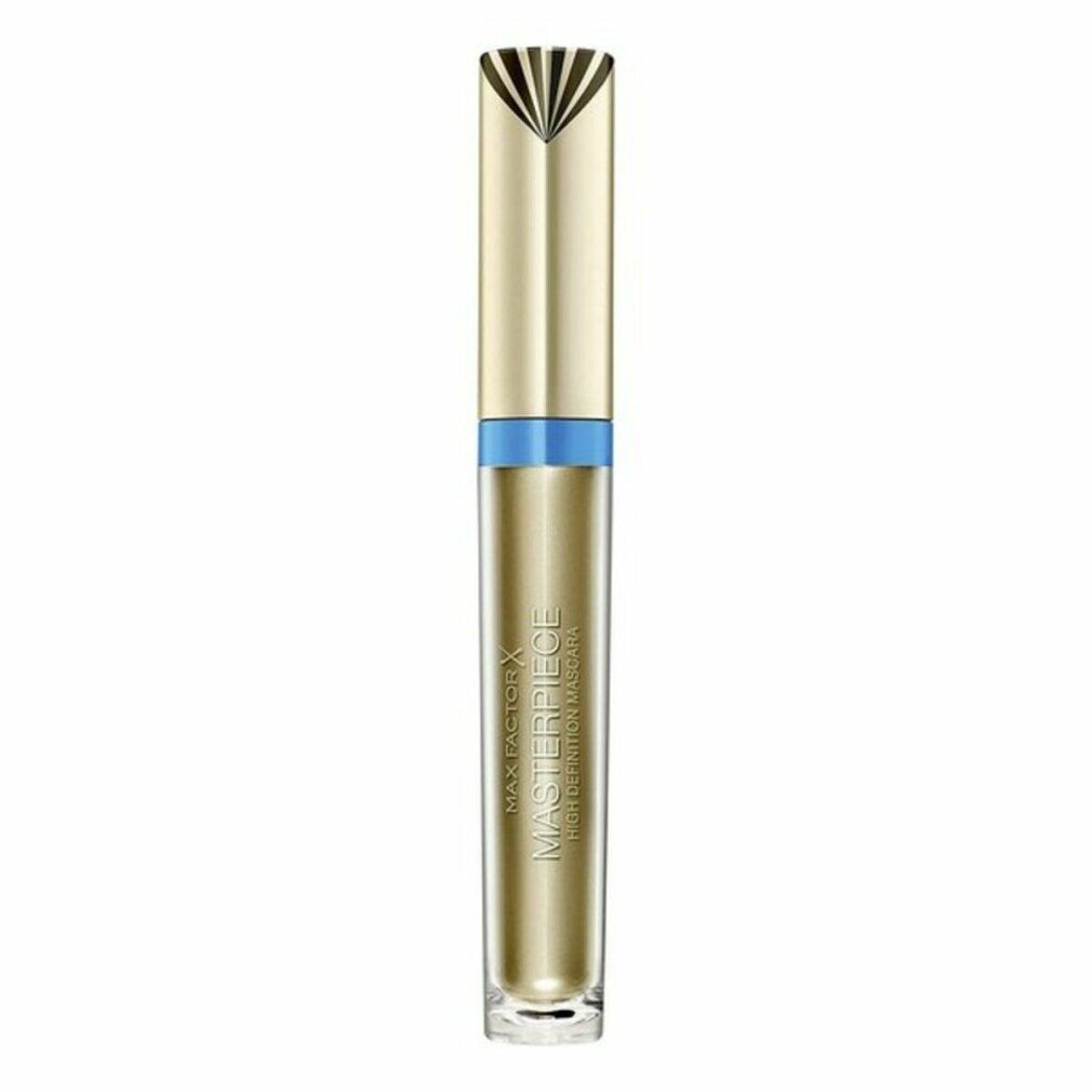 Tubo di mascara dorato con anello blu. Visibile la scritta MASTERPIECE. Il tappo è dorato con un motivo decorativo.