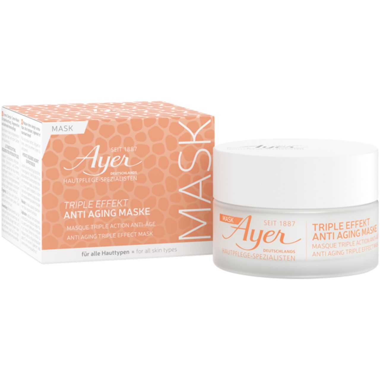 Vaso di crema e scatola. Scritta: Ayer, Triple Effetto Anti Aging Maske. Per tutti i tipi di pelle.