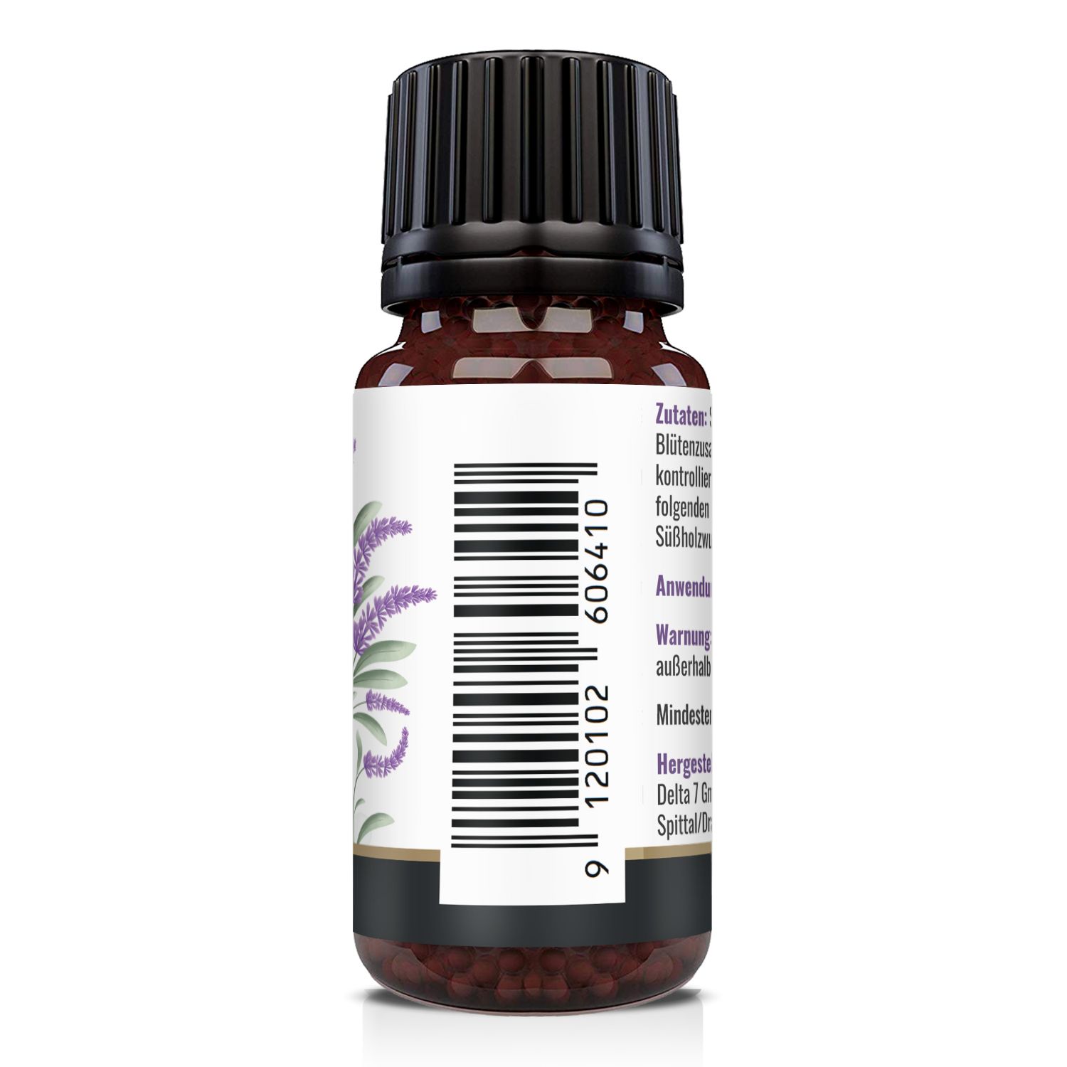 Flacone di vetro marrone con tappo nero. Retro con codice a barre e design floreale. Informazioni produttore.
