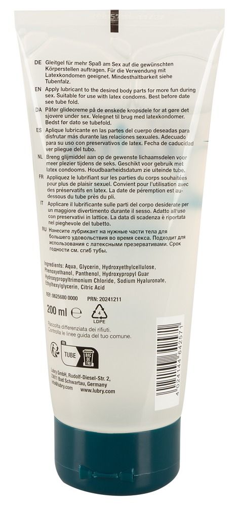 Retro di un tubo di gel lubrificante. Testo in più lingue. Ingredienti, informazioni del produttore e simbolo di riciclaggio.