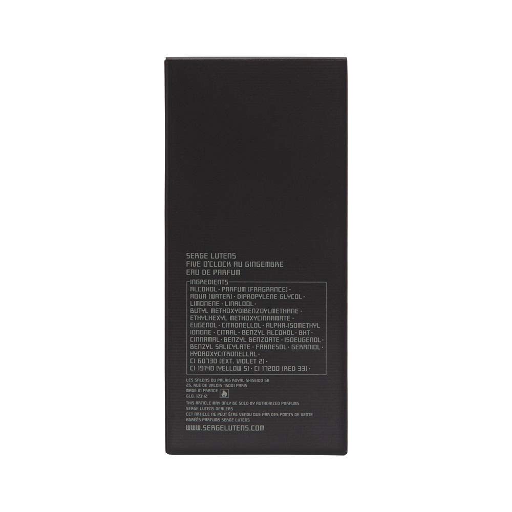 Confezione nera con testo. Scritta: SERGE LUTENS, Five o'clock au gingembre, Eau de Parfum. Elenco ingredienti.