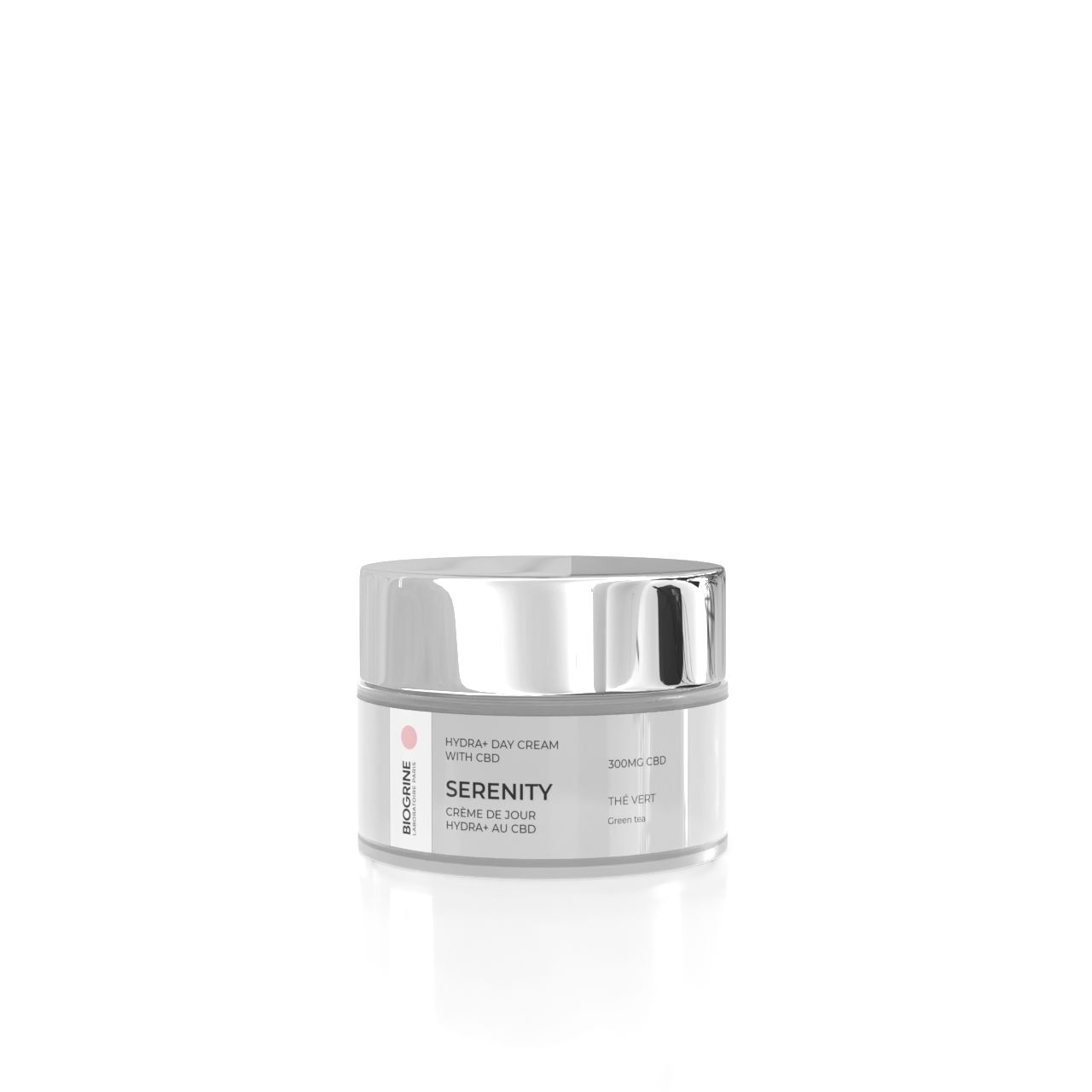 Vaso di crema. Scritta: BIOGRINE SERENITY. Crème de Jour Hydra+ au CBD. Thé Vert.