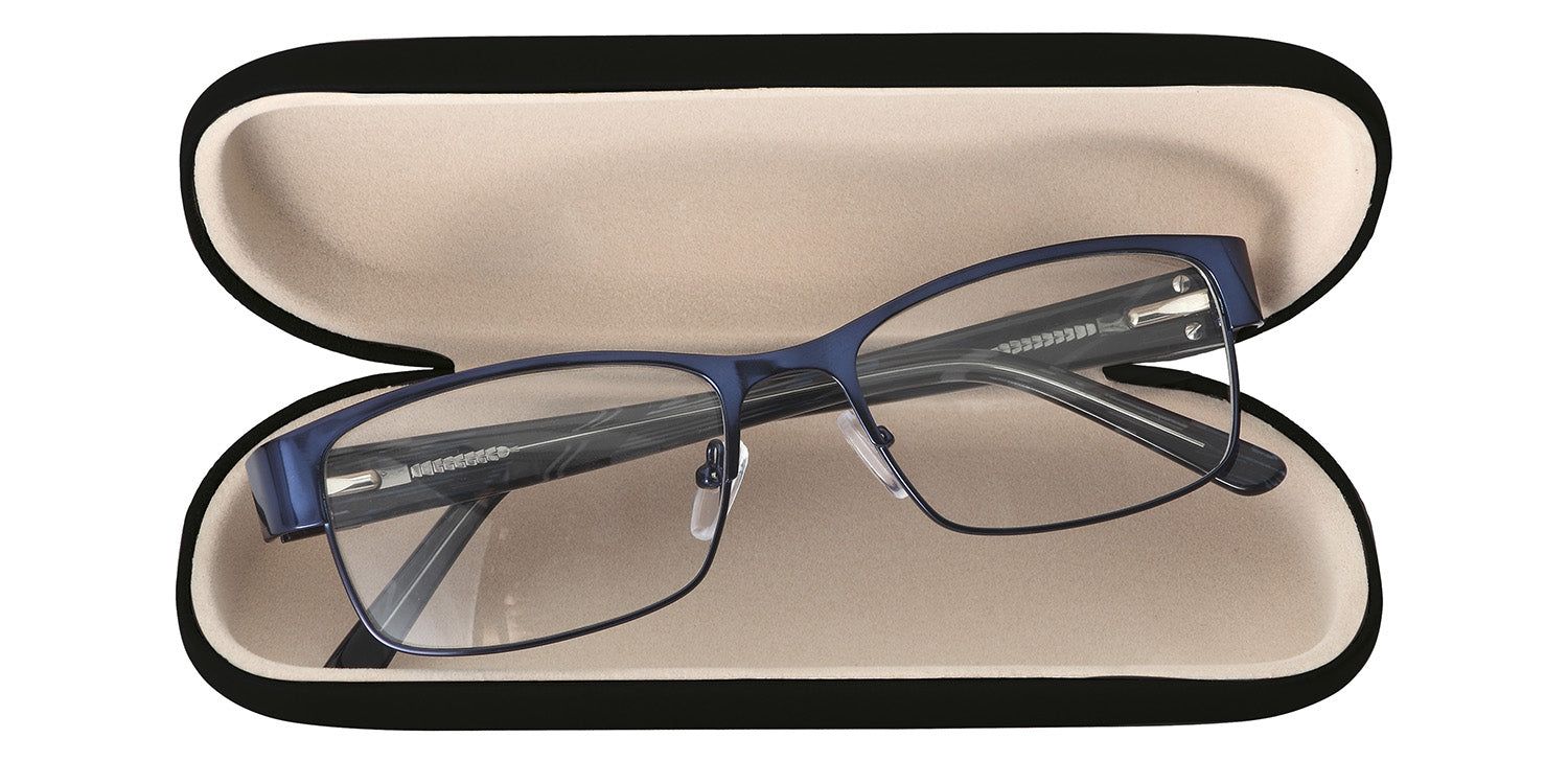 Astuccio rigido aperto. Occhiali con montatura in metallo blu. Interno beige.