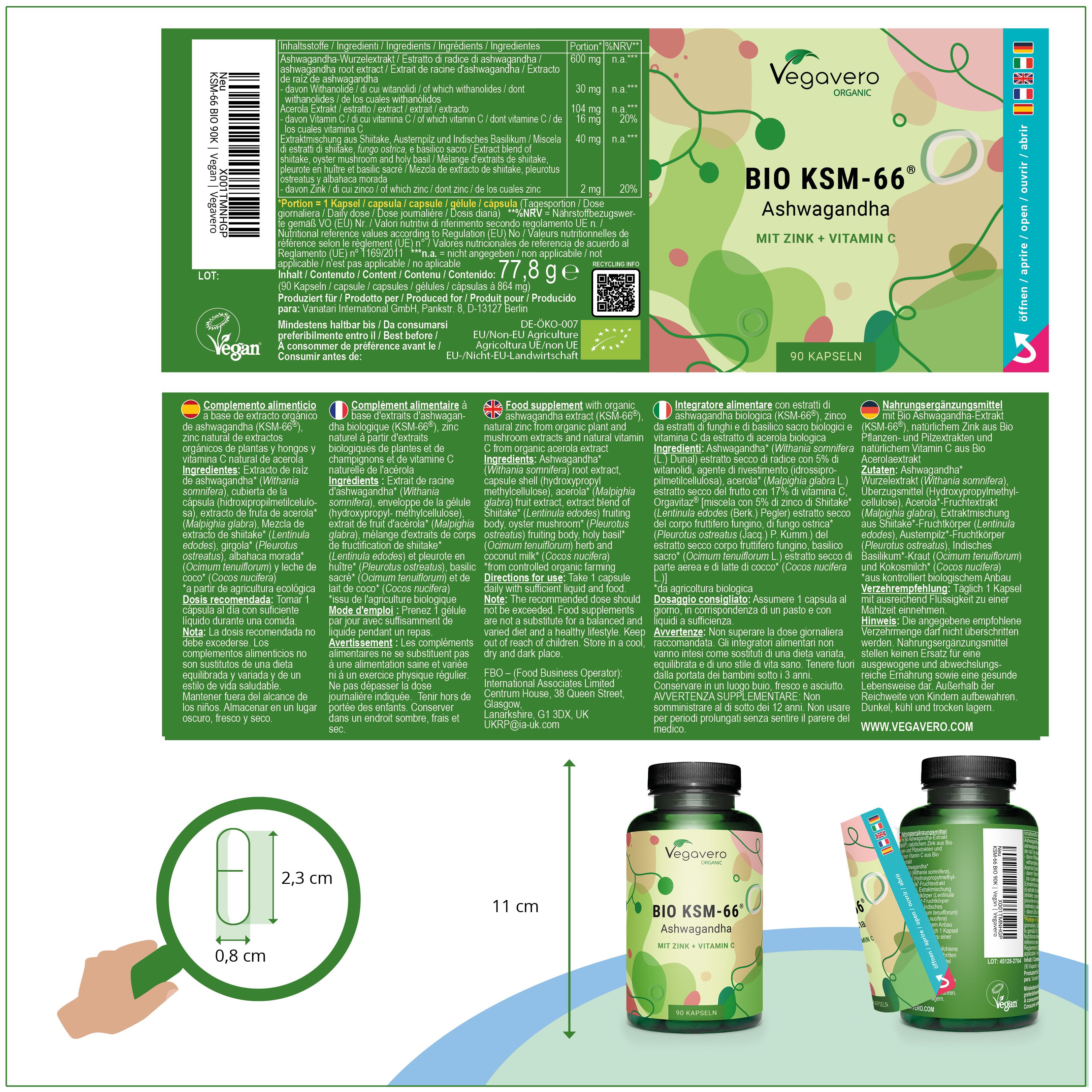 Confezione con flacone e etichetta del prodotto. Etichetta con ingredienti e certificazioni. Prodotto: BIO KSM-66 Ashwagandha.