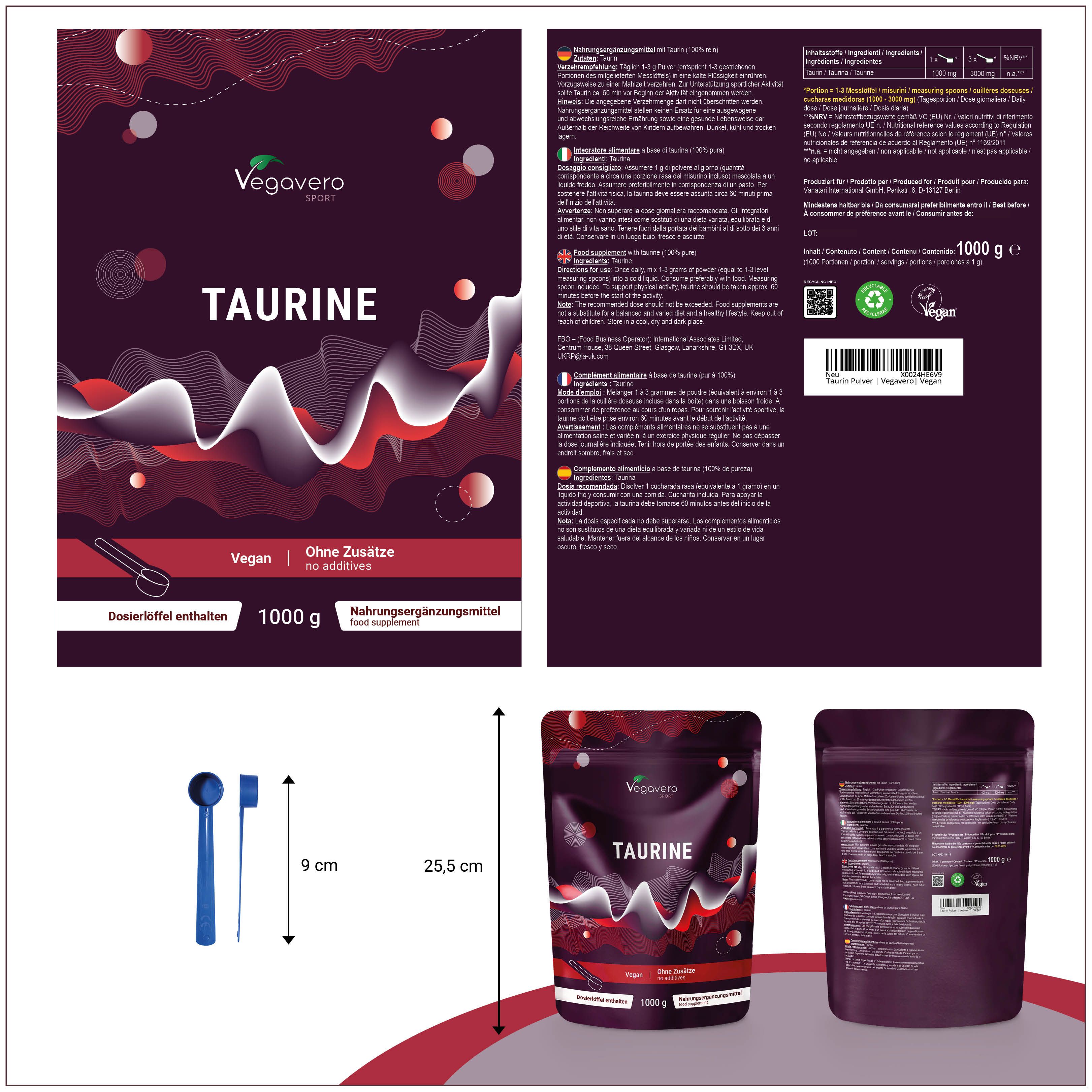 Confezione del prodotto con polvere di taurina VEGAVERO. Scritta: TAURINE, 1000 g. Misurino incluso. Dimensioni: 25,5 cm di altezza, 9 cm di larghezza.