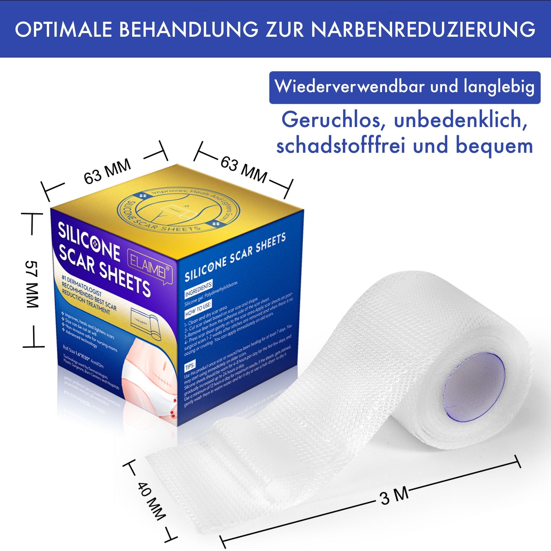 Confezione del prodotto e rotolo di cerotto in silicone. Dimensioni: 63x63x57mm, 40mm di larghezza, 3m di lunghezza. Testo: Silikon Scar Sheets.