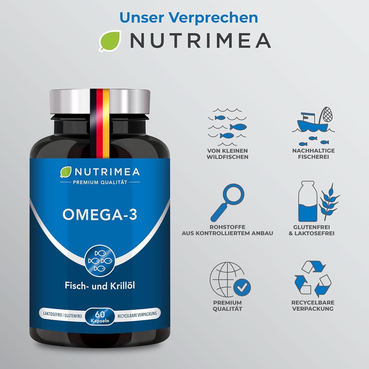 Flacone con etichetta blu. OMEGA-3, olio di pesce e krill. 60 capsule. Logo, bandiera tedesca, pesca sostenibile.