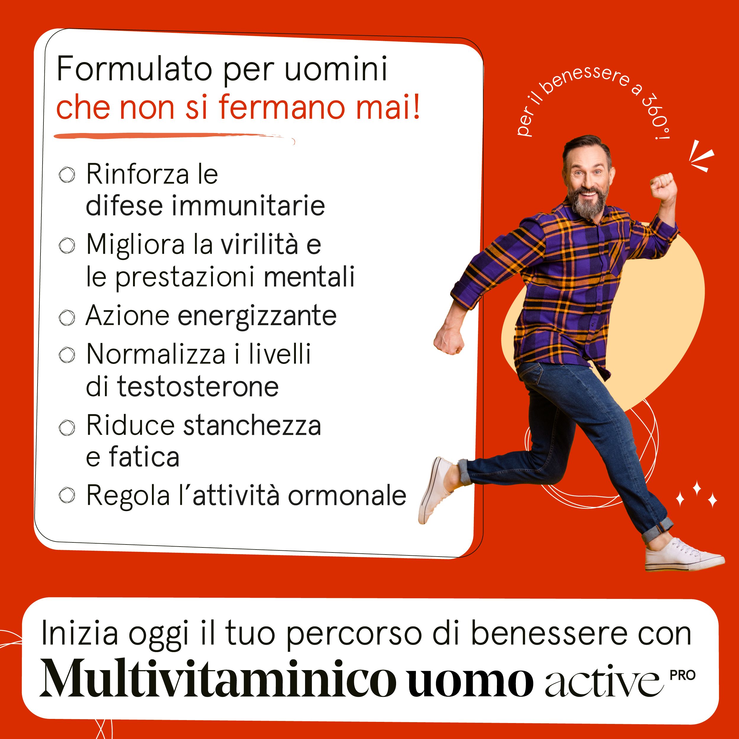 Uomo che corre su sfondo rosso. Testo: 'Multivitaminico uomo active PRO' e benefici: sistema immunitario, energia, testosterone.