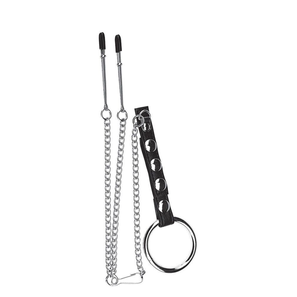 Pinze per capezzoli con catene e un anello per pene in pelle nera.