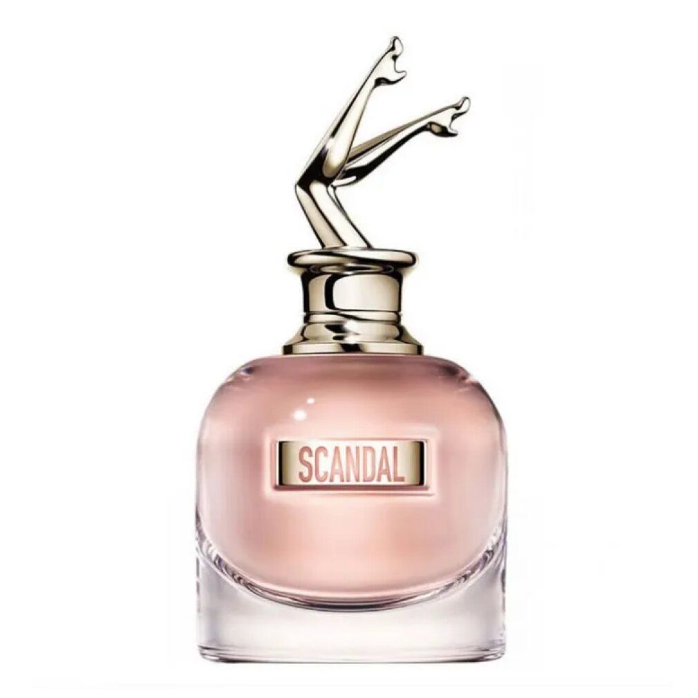 Flacone di profumo con tappo dorato a forma di gambe. Scritta "SCANDAL". Liquido rosa.